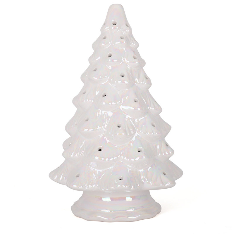 Arbre de Noël en céramique 15,5 po qui s'illumine - Arbre de Noël rétro inspiré, Blanc perle