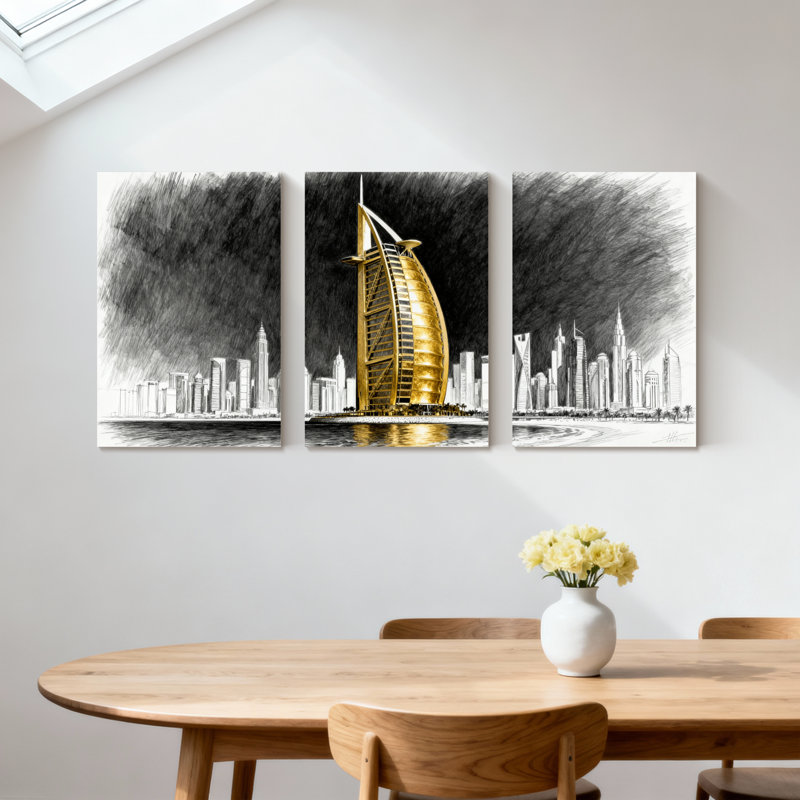 Ensemble de 3 impressions d'art sur toile, "Golden Burj Al Arab Skyline Reflection", H 24 po x l 48 po
