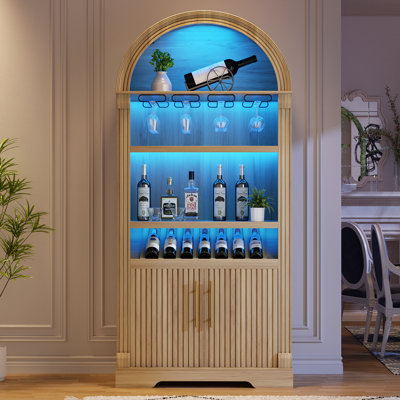 71''H Arch Wine Cabinets With Wine Glass Holder & Wine Rack, Bar Liquor Cabinets With Led Light & Motion Sensor