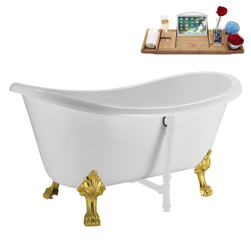 59" Streamline Clawfoot Tub,Tray,Drain, Clawfeet, Polished Gold, Glossy White