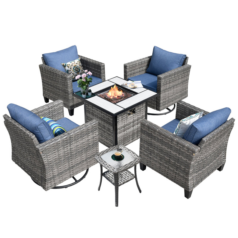 Ensemble de conversation en osier pour 4 personnes en polyéthylène (PE) avec foyer, Bleu denim