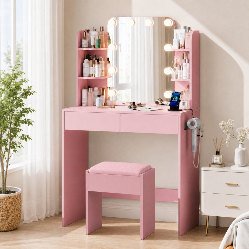 Coiffeuse de maquillage avec miroir lumineux à DEL et prise de courant, coiffeuse avec 2 tiroirs, 4 tablettes, support pour sèche-cheveux
