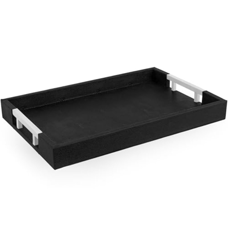 Modern Elegant 18"X12" Black Rectangle Shagreen Faux Leather Decorative Tray Ottoman Coffee Table Perfume Living Room Kitchen Serving Tray With Silver Metal Handles For All Occasion's