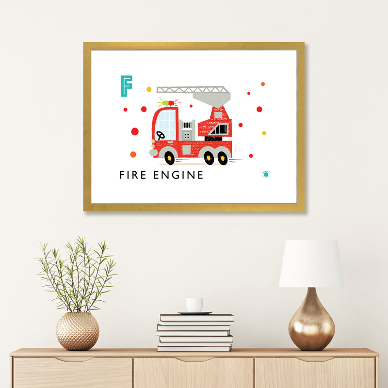 F Is for Fire Engine - impression d'art graphique, H 24 po x l 32 po x P 1 po, Papier encadré doré, Blanc
