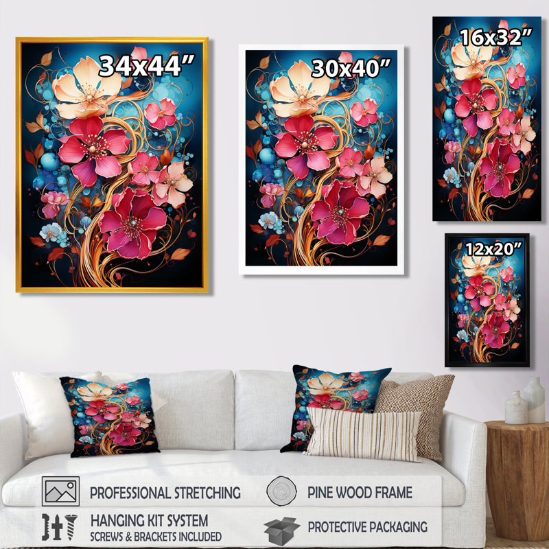 Vibrant fuchsia marguerite sur bleu profond - salon d'art mural marguerite, Toile tendue, H 44 po x l 34 po x P 1,5 po