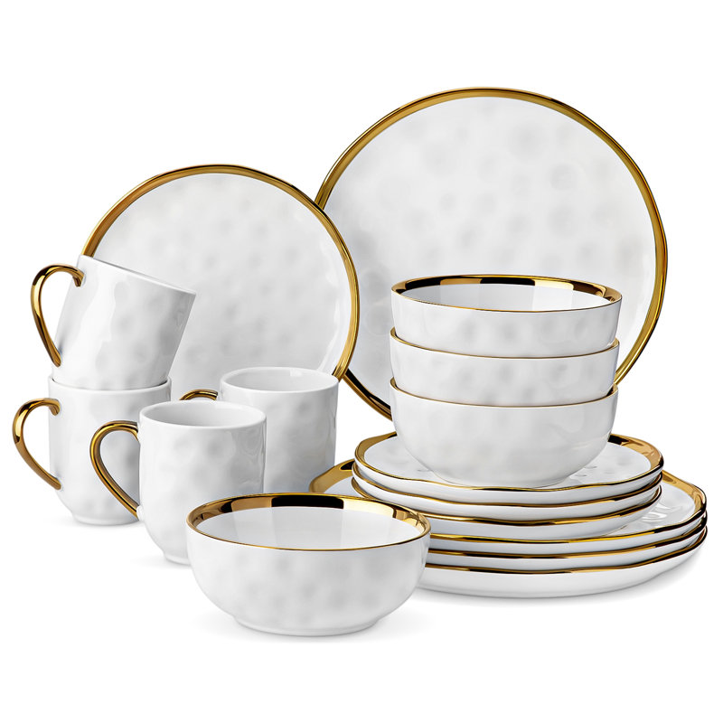Colour Piece Handmade Ceramic Dinnerware Set - Service for 4, White/Gold