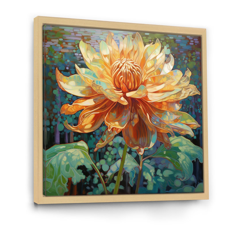 «Blossoming Yellow Chrysanthemum In Lake Retro I», reproduction sur toile, H 30 po x l 30 po, Cadre flottant brun