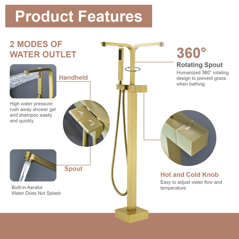 Floor Tub Filler with Diverter, Brushed Gold