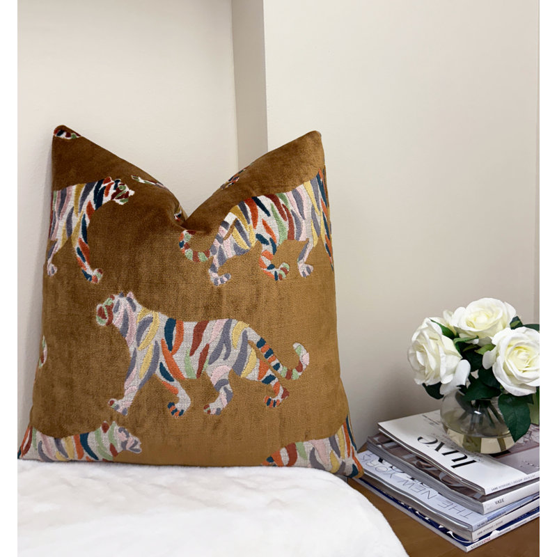 Tiger Velvet Throw Pillow Cover, Square 20", Tan