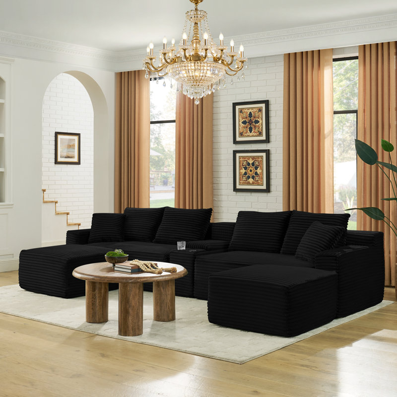 Large Black Corduroy Sofas, Modular U-shaped Couch With Storage For Living Room