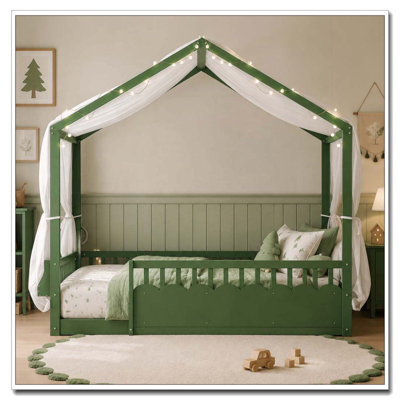 Lit pour enfants Montessori, structure de lit à baldaquin en bois avec barrières de sécurité et porte, guirlande lumineuse et bibliothèque intégrées, lit à profil bas, aucun sommier nécessaire