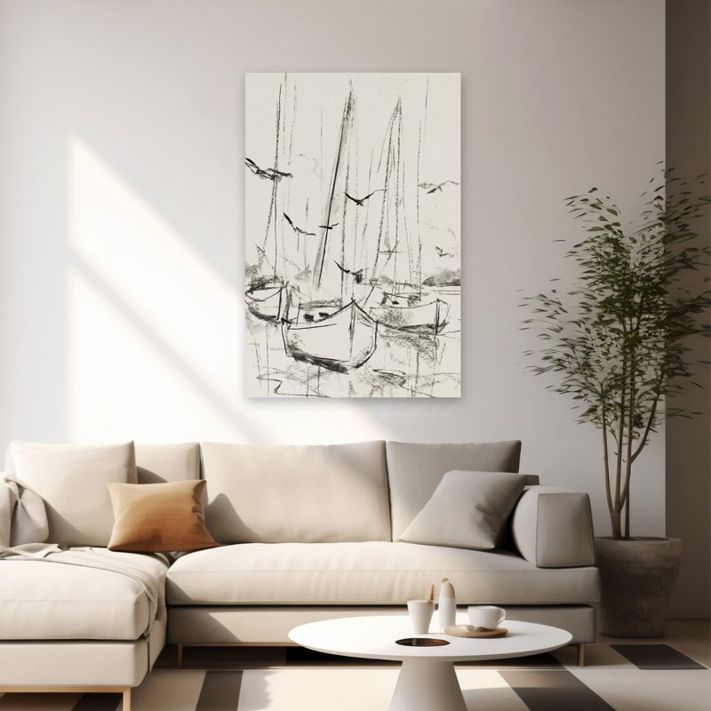 Harbour Serenade Ii noir blanc gris coquillages côtiers et croquis de corail minimaliste Nautique, H 60 po x l 40 po