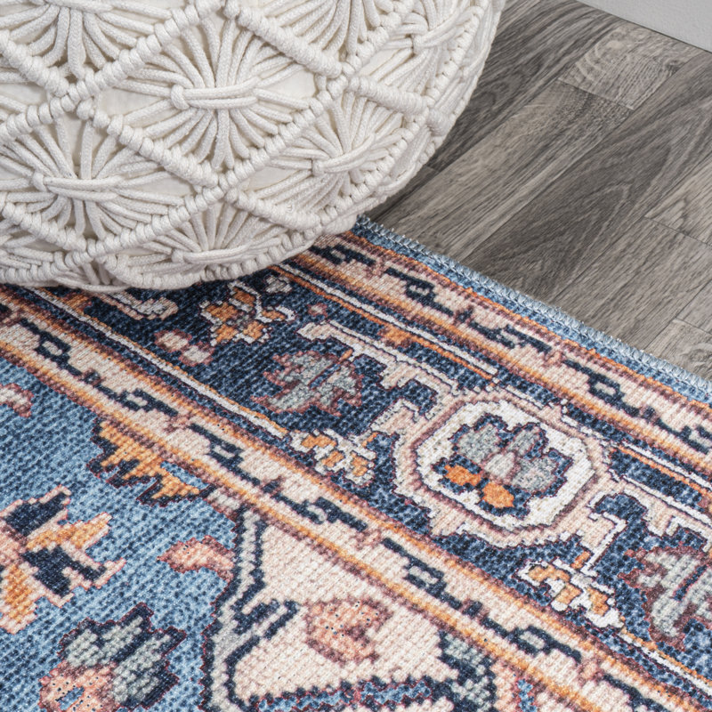 Huddleston Ornate Large Medallion Machine-Washable Blue/Beige Rug, Rectangle 9' x 12'