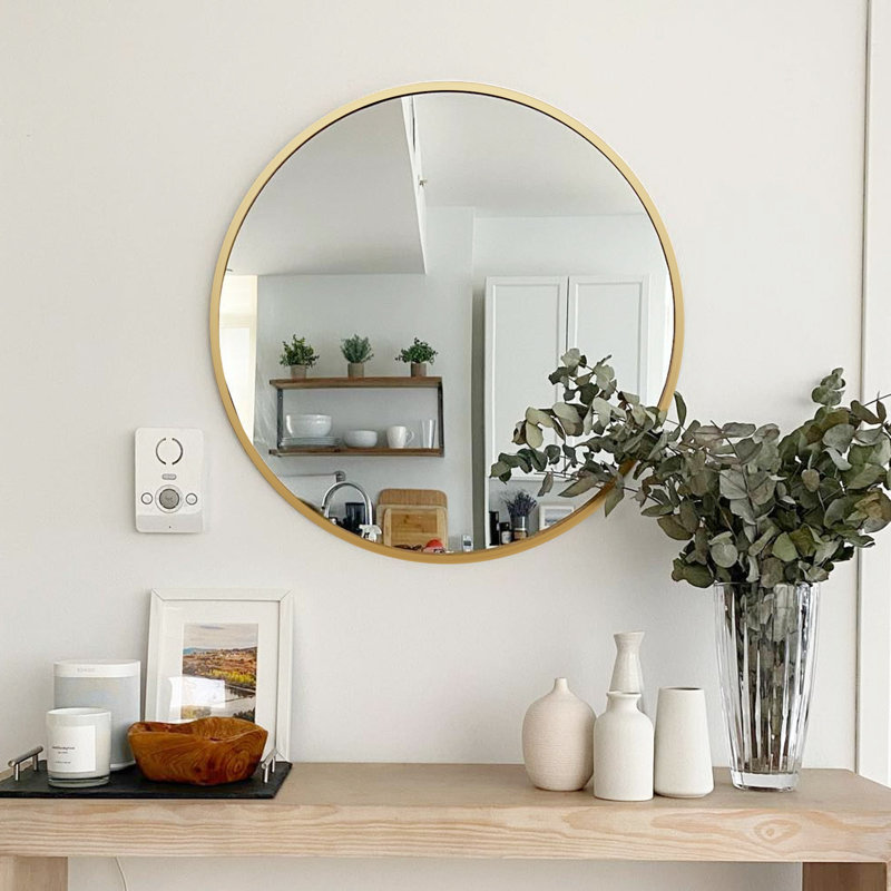 Solid Wood Circle Wall Mirror,Bathroom Mirror, Gold, 16" x 16"