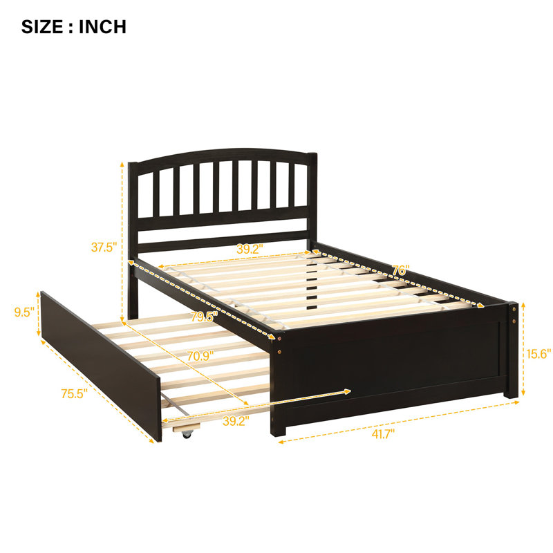 Lit plateforme simple en bois avec lit gigogne, structure de lit en bois robuste, espresso peu encombrant, Brun
