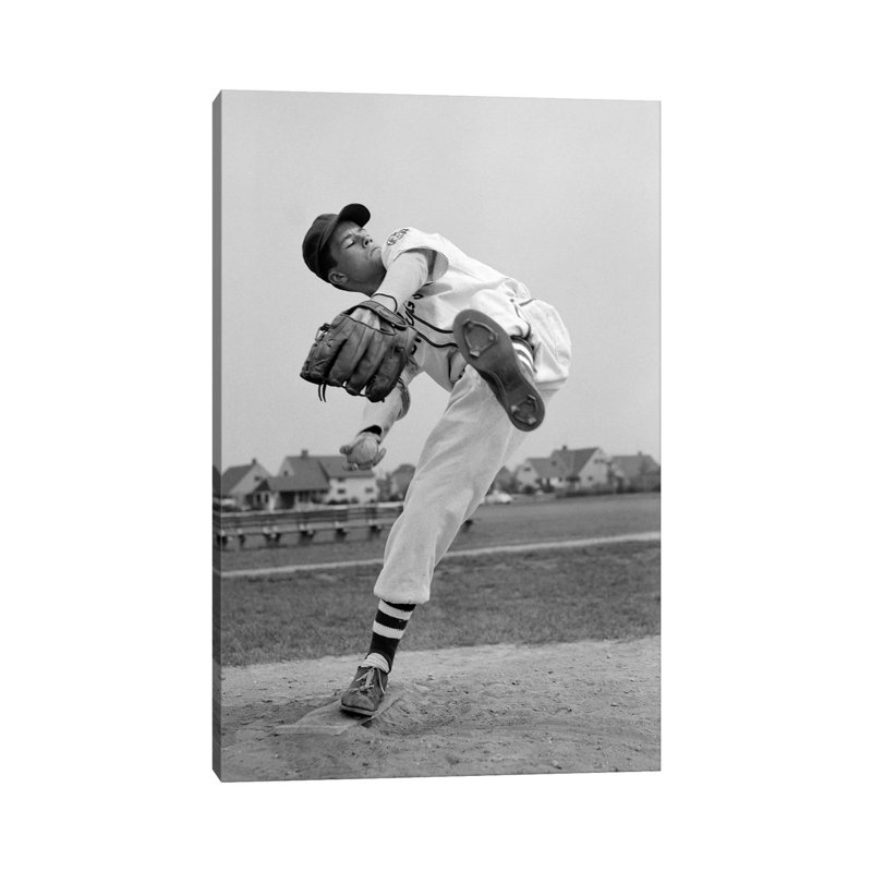 1950s Teen in Baseball Uniform Winding Up for Pitch 1 Piece Wrapped Canvas Wall Art, 30.48 cm H x 45.72 cm W