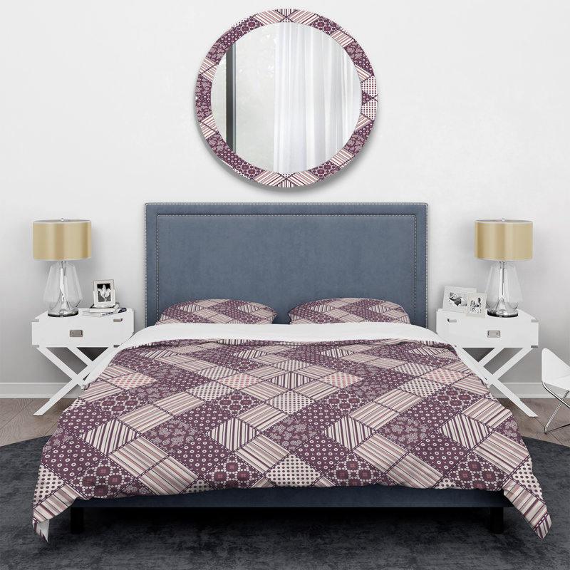 Pink Creative Patchwork Polyester Geometric Shapes Duvet Cover, King Duvet Cover + 2 King Shams