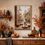 «Steaming Coffee Cup and Pumpkins on Rainy Window», art mural sur toile-1842234277