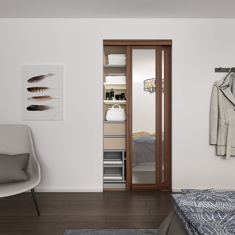 36 po x 80 1/2 po Porte coulissante avec miroir 1-Lite, noyer foncé, 36" x 80.5", Brown