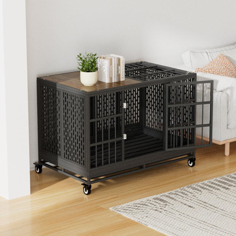 Extra Large Black Rolling Metal Dog Crate with Tray