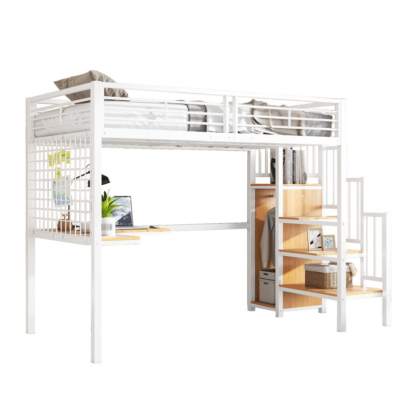 Loft Bed Frame with Storage Included with Built-in Ladder Included with Desk Included, White