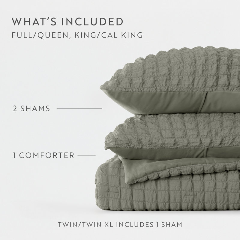 Seersucker Textured Comforter Set, Full / Queen Comforter + 2 Shams, Willow Green