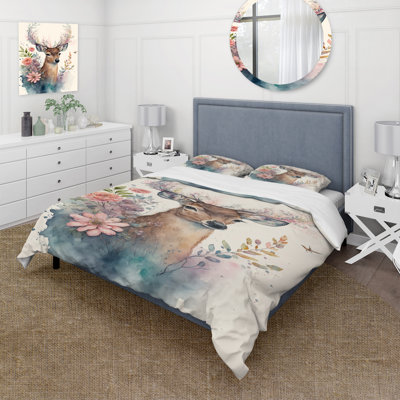 Ensemble de housse de couette mignon petit cerf avec fleurs roses en microfibre / polyester