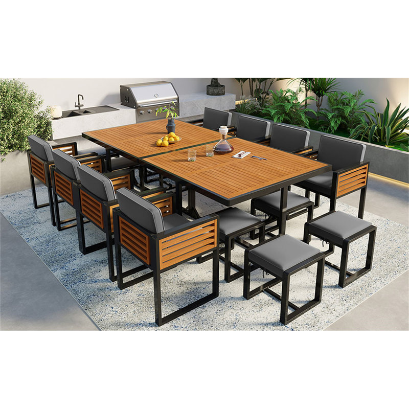 Ensemble de salle à manger de jardin en bois d'acacia 18 pièces GO, 18 pièces: 2 tables, 8 chaises, 8 repose-pieds
