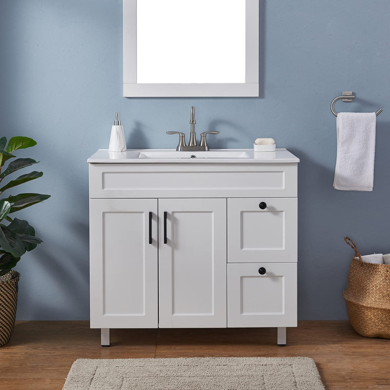 36'' Matte White Modern Free-Standing Single Bathroom Vanity With Ceramic Pot