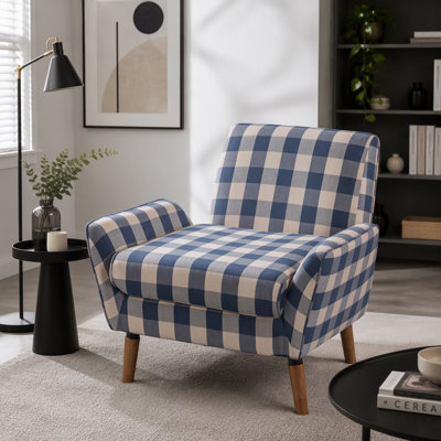 Modern Accent Chair with Rolled Armrests and Rubber Wood Legs, Blue Checkerboard Buffalo Plaid Upholstery