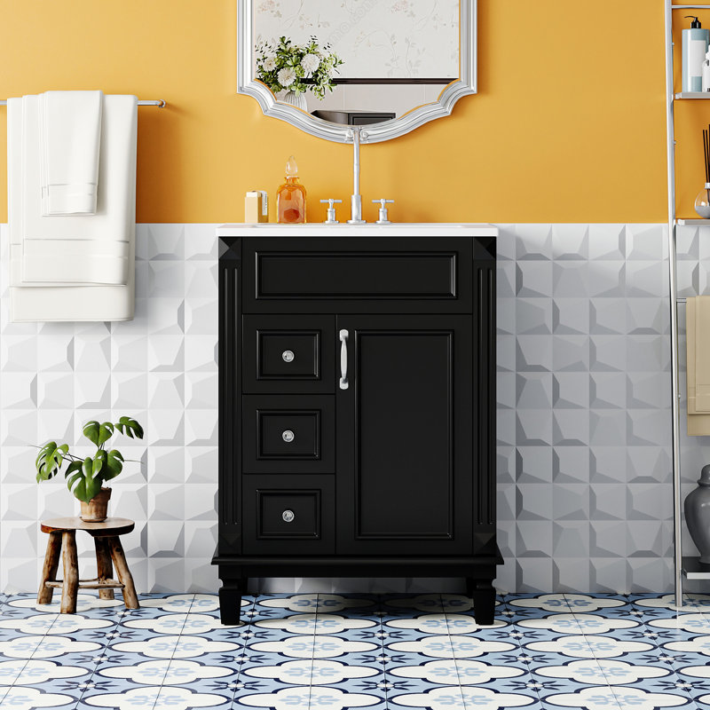 Meuble-lavabo de 24 po avec lavabo en céramique, 2 tiroirs, tablette ajustable, élégant et fonctionnel, convenant à un petit décor de 24 po avec charnières à fermeture douce et française, lavabo