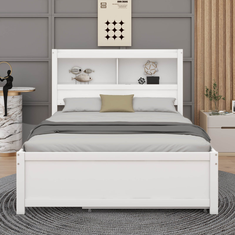 Lit plateforme double avec tiroirs gigognes et ports USB, Blanc