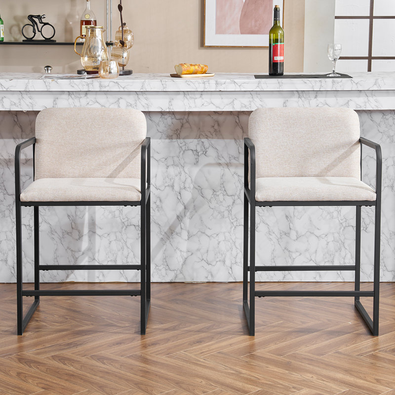 Modern Upholstered Counter Height Bar Stools with Armrests, Metal Frame, and Padded Seat,, Beige Fabric