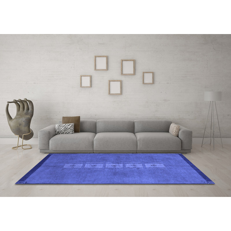 Tapis carré carré abstrait bleu 7 pi x 7 pi fabriqué à la machine Jervontae