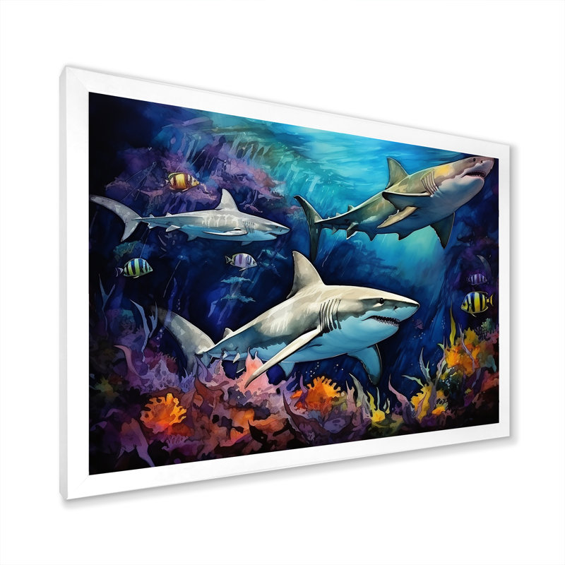Shark Haven Under Water Painting - Shark Wall Art, 30" H x 40" W x 1.5" D, White Single Picture Framed