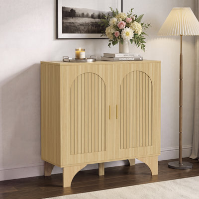 Fluted Arched Sideboard Cabinet with Storage, Modern Accent Storage Cabinet with Adjustable Shelves, Buffet Cabinet for Dining Room, Living Room, Kitchen & Entryway, Natural Oak