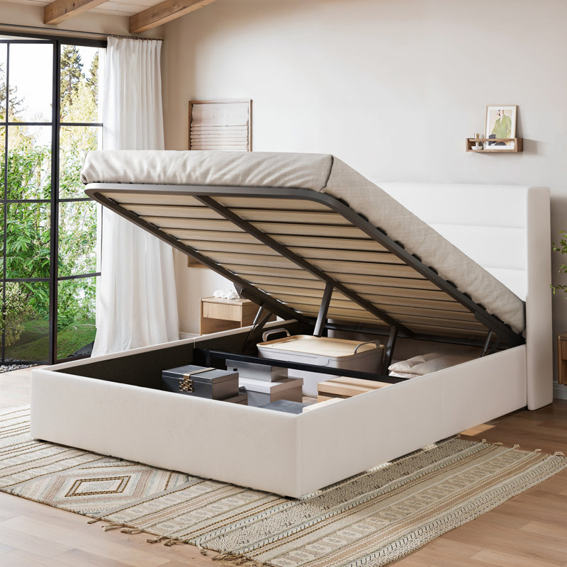 Hydraulic Lift Up Storage Upholstered Platform Bed, Full, White