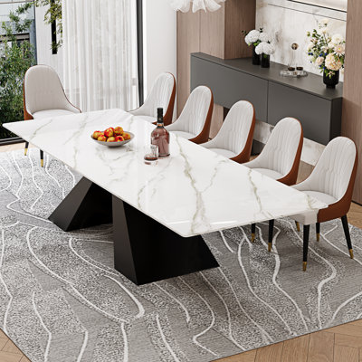 Modern 78.74"-110.24" Extendable Sintered Stone Dining Table, Large Kitchen Table with Black Carbon Steel Base