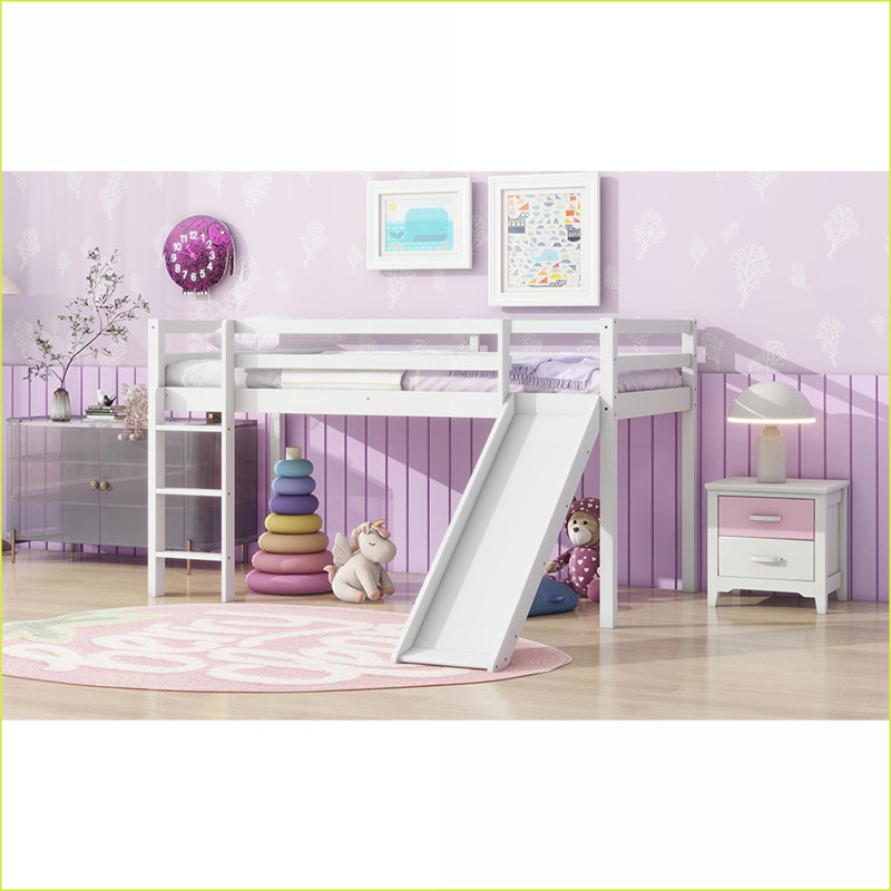 Lit mezzanine bas simple en bois d'hévéa avec échelle coulissante sans sommier blanc, Blanc