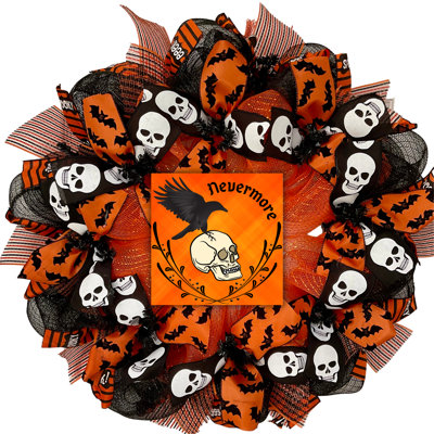 Halloween Wreath with Nevermore Black Raven and Skull
