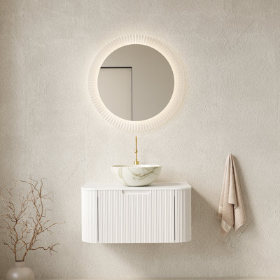 Meuble-lavabo 30 po, meuble-lavabo rayé à bords arrondis avec tiroir, cuve en céramique blanc mat et plateau en pierre frittée blanc de Carrare, pré-assemblé, couleur blanche