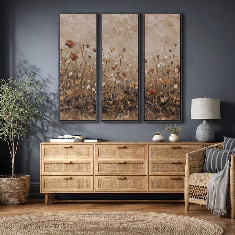 Autumn Wildflower Meadow Artwork, Living Room Pictures, Framed Canvas Giclee Print Wall Art, Black Floater Frame