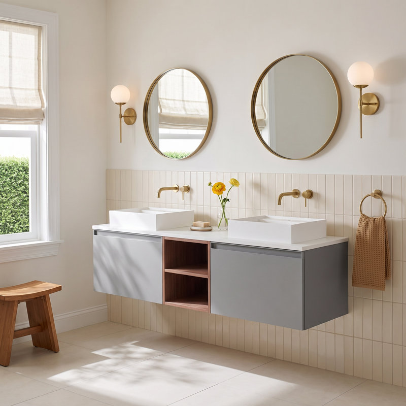 Shelley 72'' Natural Walnut Plywood Double Bathroom Vanity with Engineered Solid Surface Top