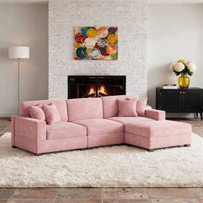 4 - Piece Upholstered Pink Corduroy Modular Sectional Sofa With Pillow Back And Removable Ottoman