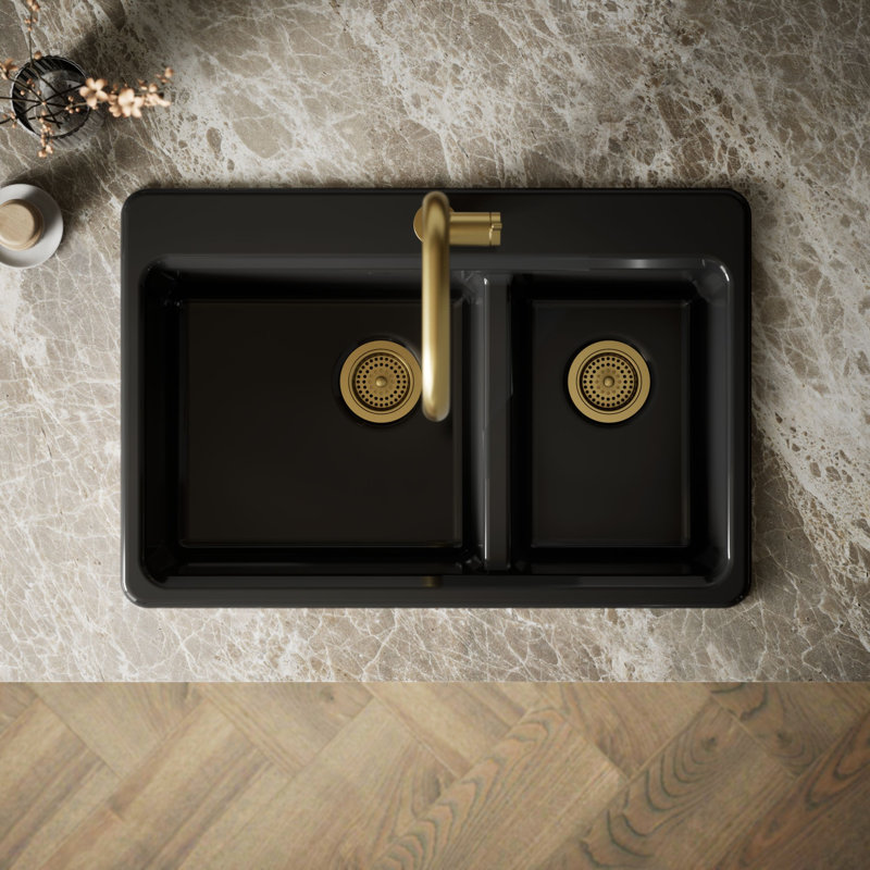 Riverby 33 In. Top-Mount Double-Bowl Kitchen Sink, Black, 1 hole, Large/medium bowls