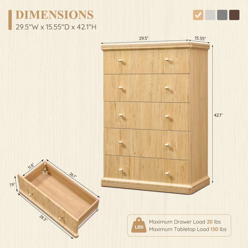 Commode 5 tiroirs Abarca, Naturel, 5
