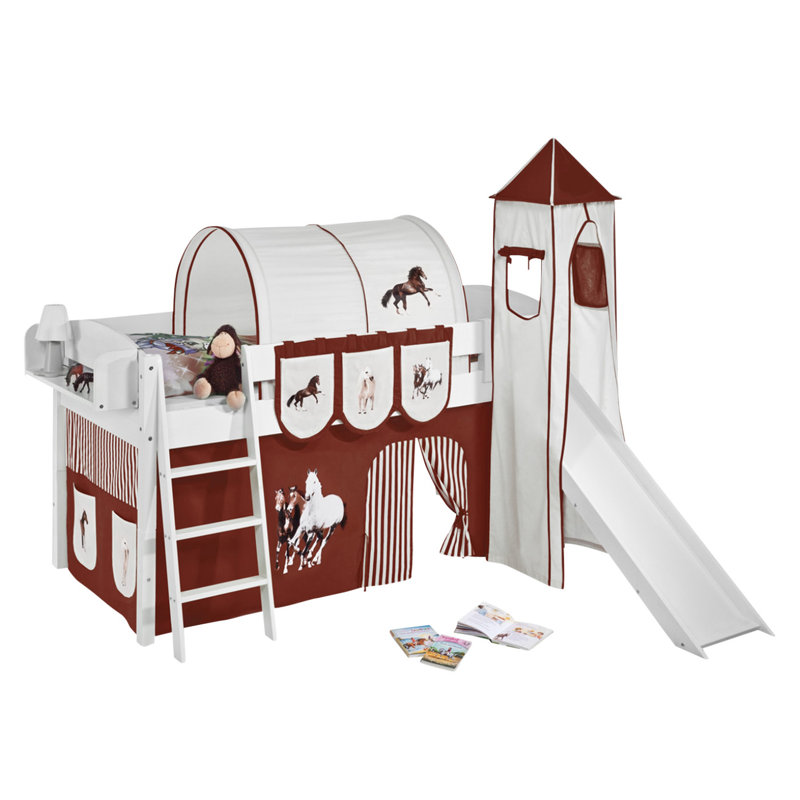 Pferde European Single (90 x 200cm) Mid Sleeper Bed With Curtain, Brown/Beige