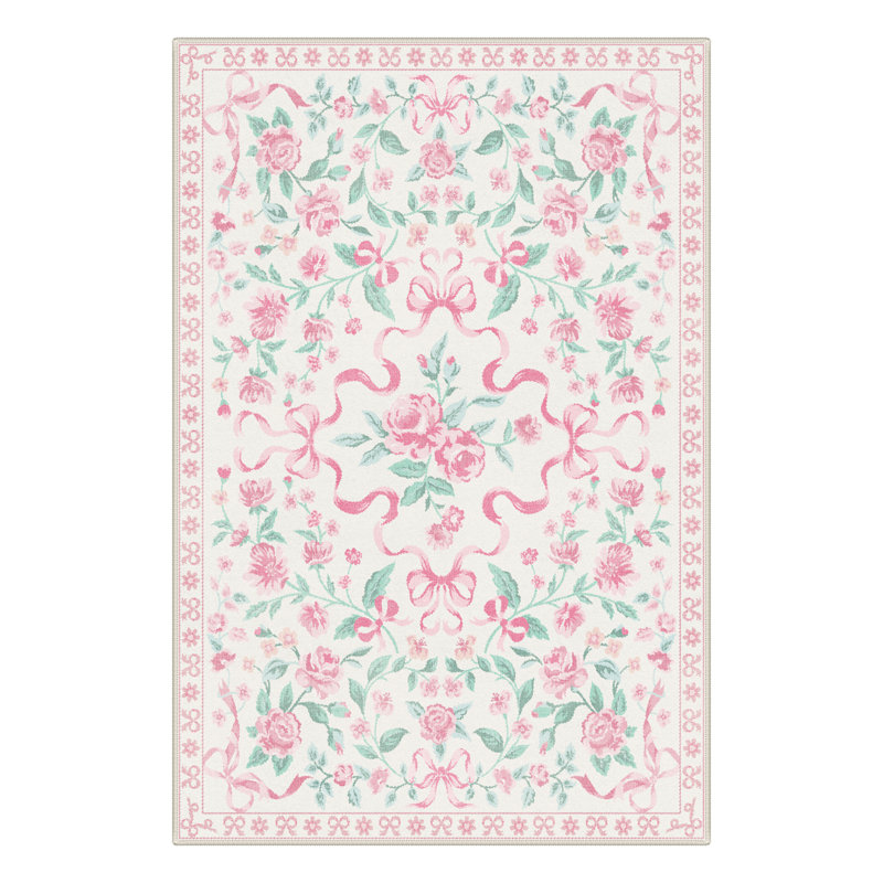 Atascadero Rosette & Bow Area Rug, French Country Floral Soft Kid Rug, Machine Washable, Inspired Faux Wool - High-Rebound Foam & Non-Slip Backing