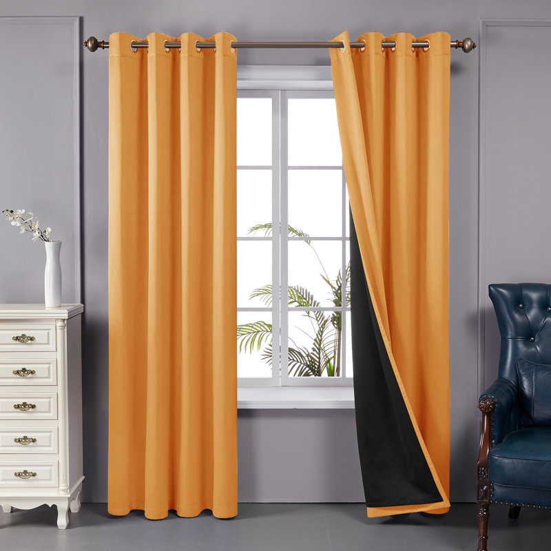Bursaite 100 Percent Blackout Double Layers Lined Curtain Panel Pair, 52" W x 108" L, Orange Flame
