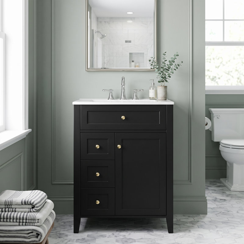 Ensemble de meuble-lavabo autoportant en MDF 24 po noir avec lavabo en céramique, poignées en métal, porte à fermeture en douceur, support de rangement